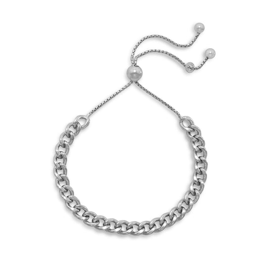 Rhodium Plated Sterling Silver Curb Chain Bolo Bracelet