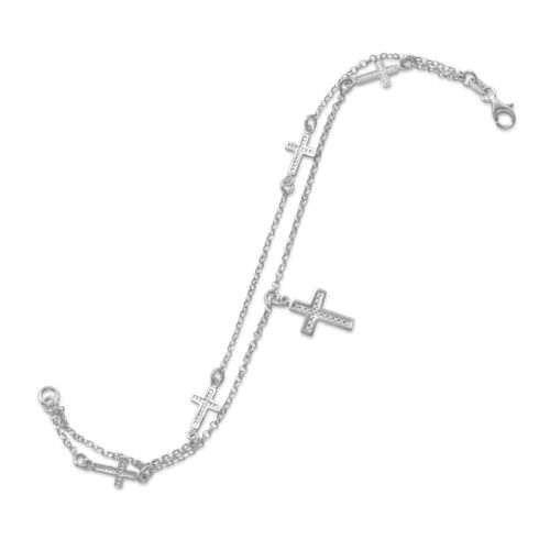 Rhodium Plated Sterling Silver Double Strand Cross Charm Bracelet
