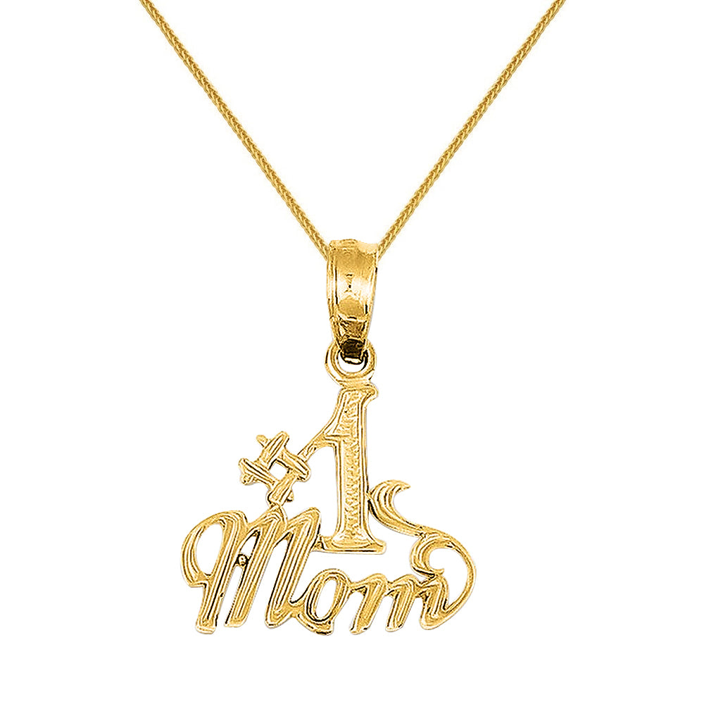 14k Yellow Gold #1 Mom Mother's Day Pendant with Square Wheat Chain