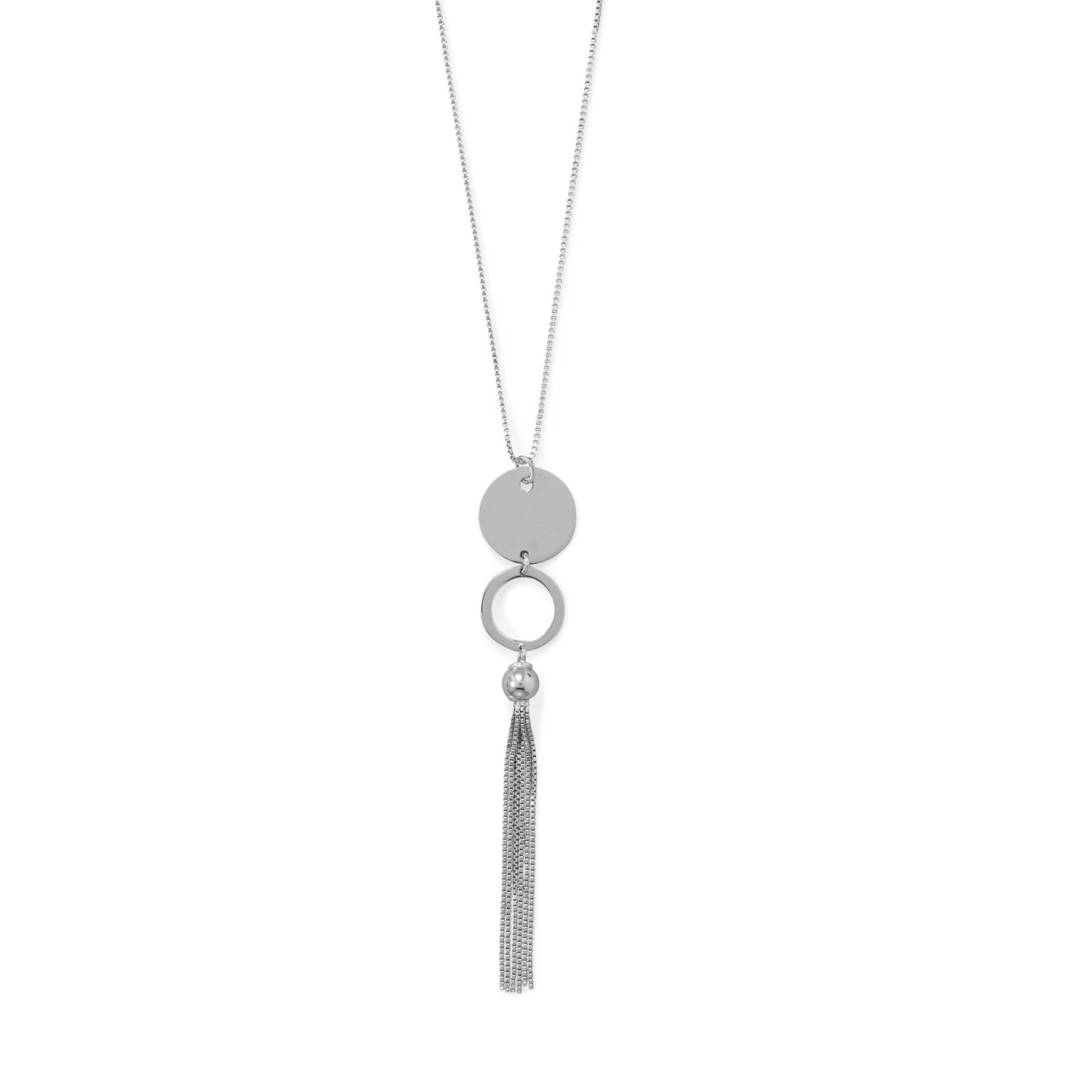 Sterling Silver 32" Disk and Circle Long Tassel Necklace