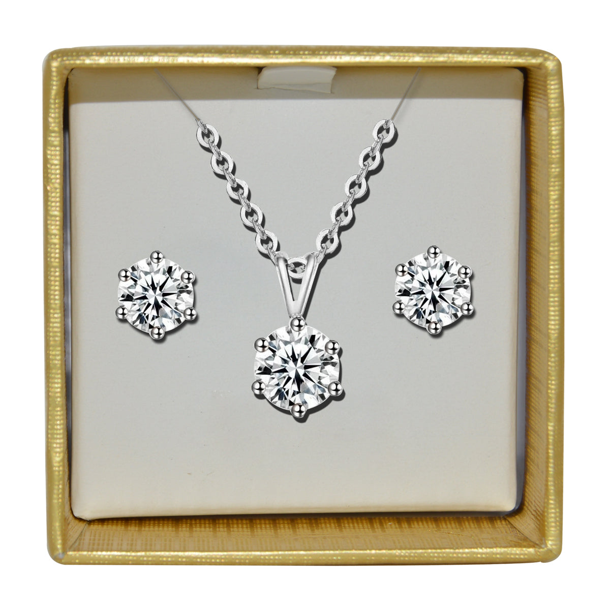 Silvertone Cubic Zirconia Solitaire Earring and Necklace Set