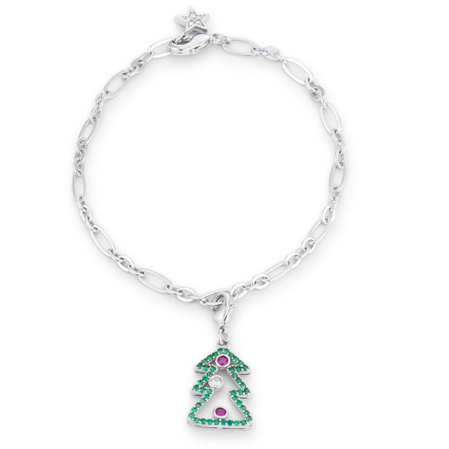 Precious Stars Silvertone Christmas Tree 0.35ct CZ Holiday Charm Bracelet