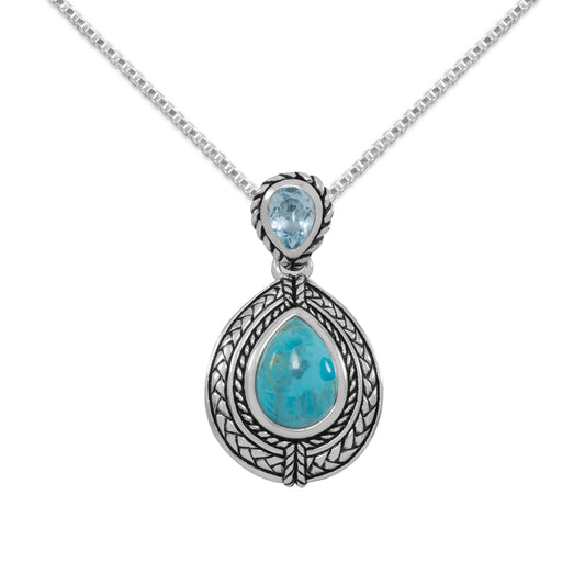 Oxidized Sterling Silver Turquoise and Blue Topaz Drop Pendant with 1.5mm Box Chain