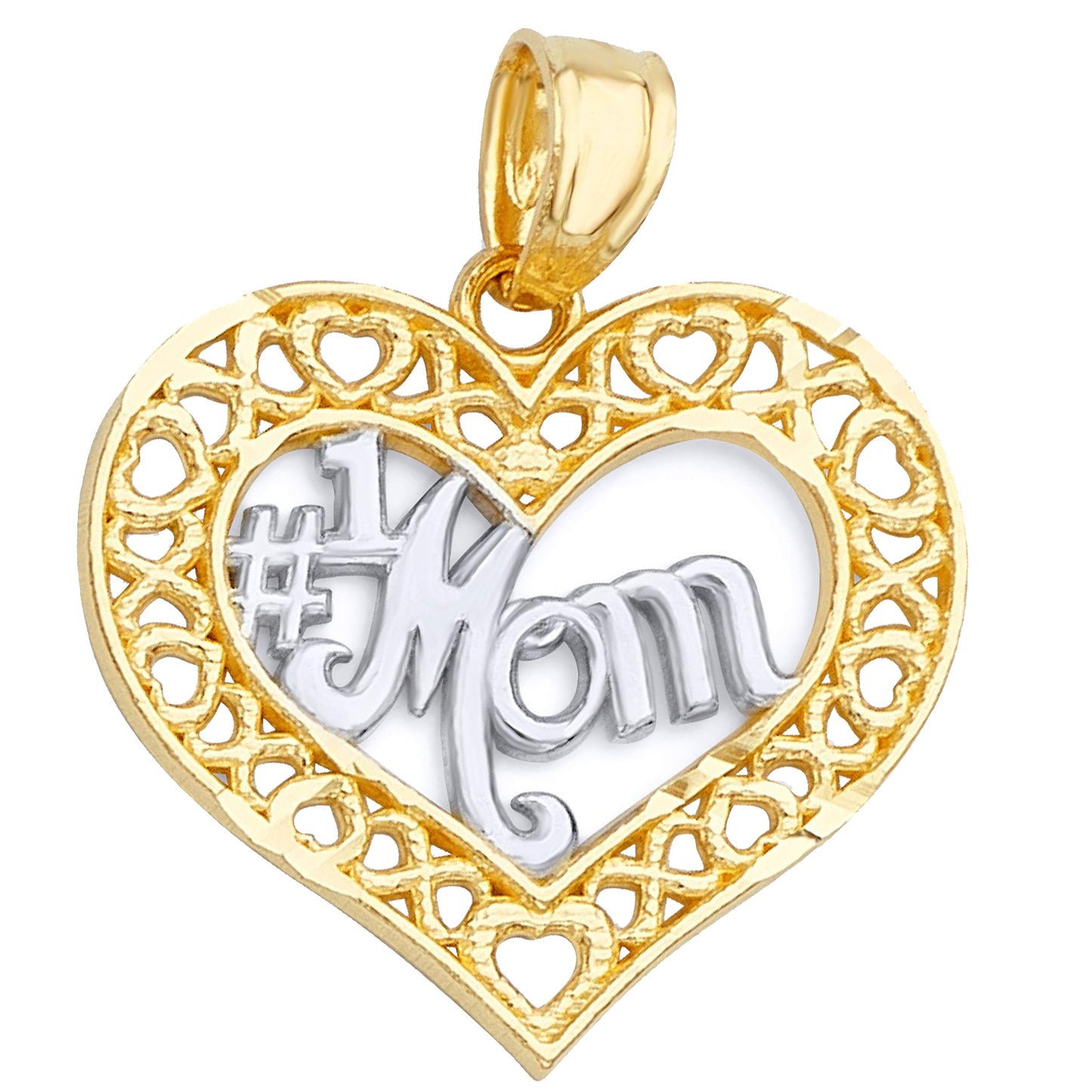 14k Two-tone Gold Open Heart '#1 Mom' Mother's Day Pendant with Square Wheat Chain