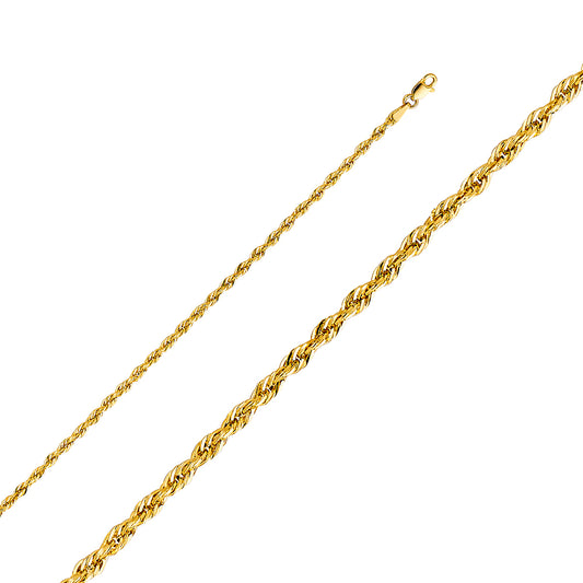 14k Yellow Gold 2.5mm Silky Diamond-cut Hollow Rope Chain Necklace
