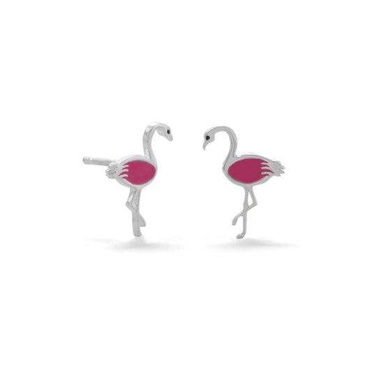 Sterling Silver and Pink Enamel Flamingo Stud Earrings