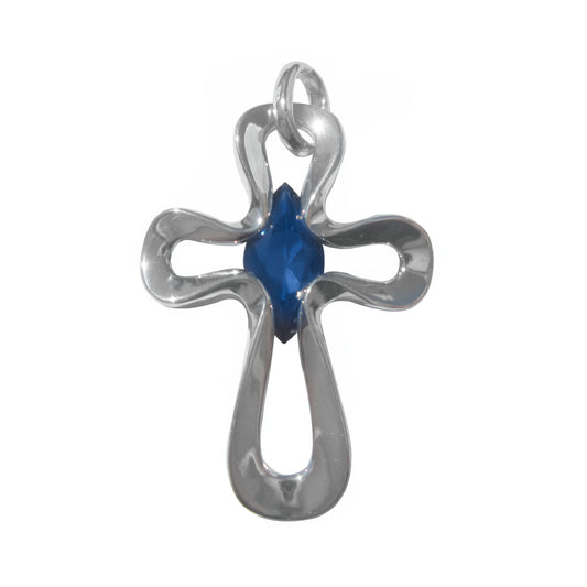 Sterling Silver Blue Cubic Zirconia Large Open Cross Pendant