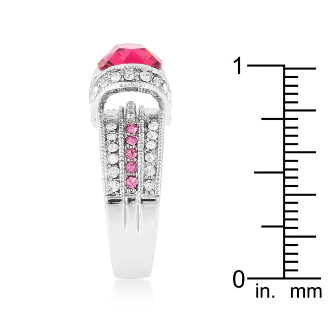 Precious Stars Rhodium Oval-Cut Pink and Clear Cubic Zirconia Fancy Ring