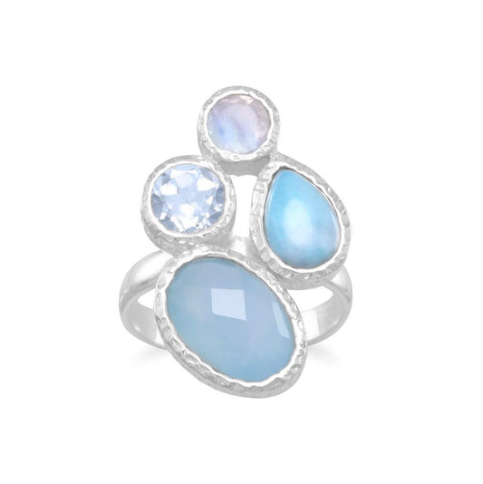 Sterling Silver Chalcedony, Larimar, Topaz and Moonstone Cluster Ring