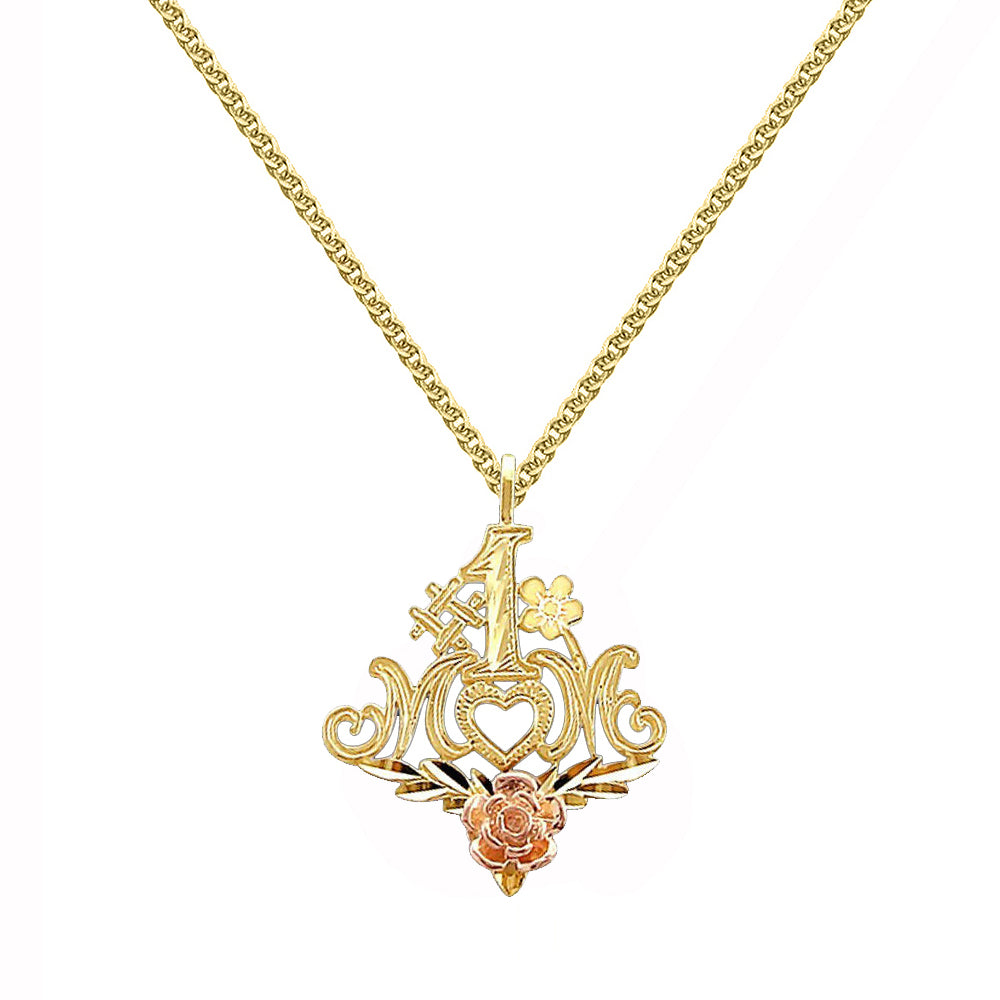 14k Yellow and Rose Gold #1 Mom Rose Design Mother's Day Pendant with 1.5mm Flat Wheat Chain