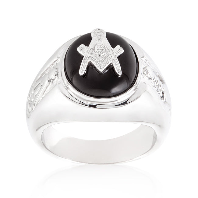 Precious Stars Silvertone Men's Black Onyx Masonic Ring
