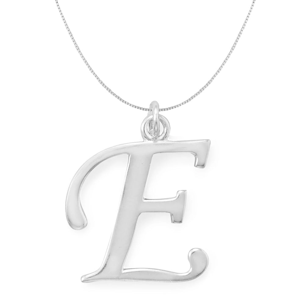 Sterling Silver Initial Letter E Pendant and Thin Box Chain