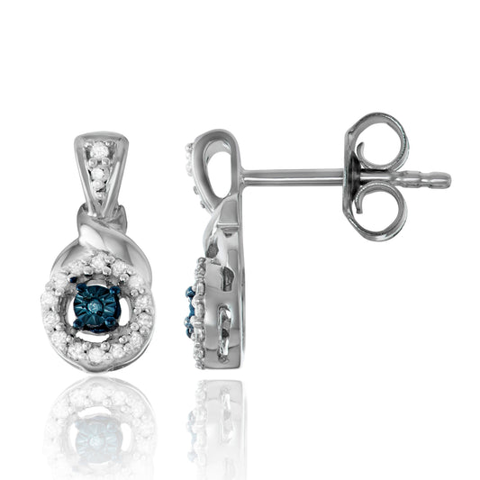 Sterling Silver 0.12ct TDW Blue and White Diamond Halo Drop Earrings