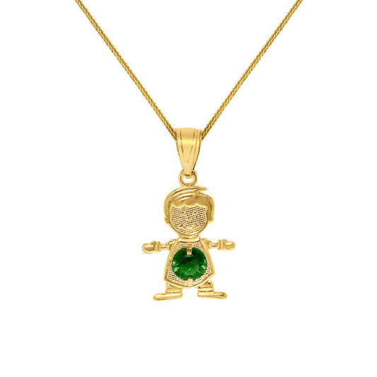14k Yellow Gold Round-cut Cubic Zirconia May Birthstone Boy/Son Pendant with Square Wheat Chain