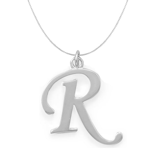 Sterling Silver Initial Letter R Pendant and Thin Box Chain