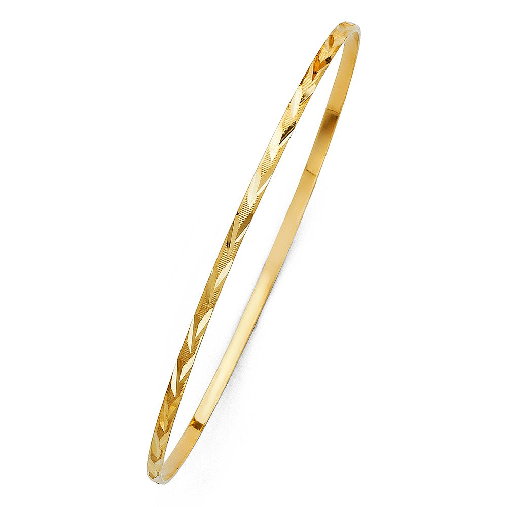 14k Yellow Gold Diamond-Cut 2mm Solid Bangle Bracelet