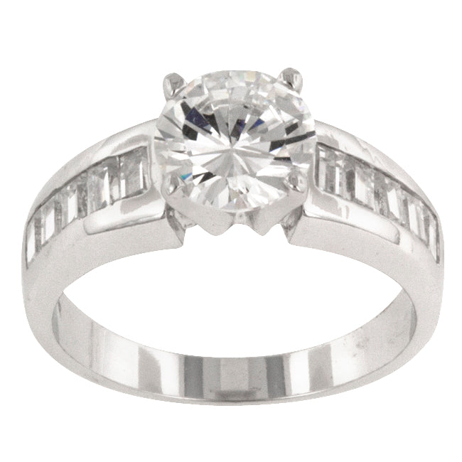 Precious Stars Silvertone Round and Baguette-Cut Cubic Zirconia Engagement Ring