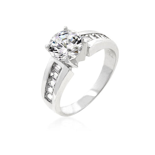 Precious Stars Sterling Silver Round and Baguette-Cut Cubic Zirconia Engagement Ring