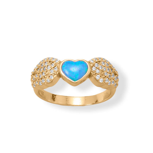 16k Goldplated Silver Blue Opal Heart and Cubic Zirconia Wing Ring