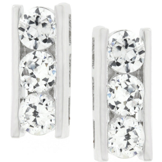 Precious Stars Silvertone Channel-Set Cubic Zirconia Bar Earring Studs