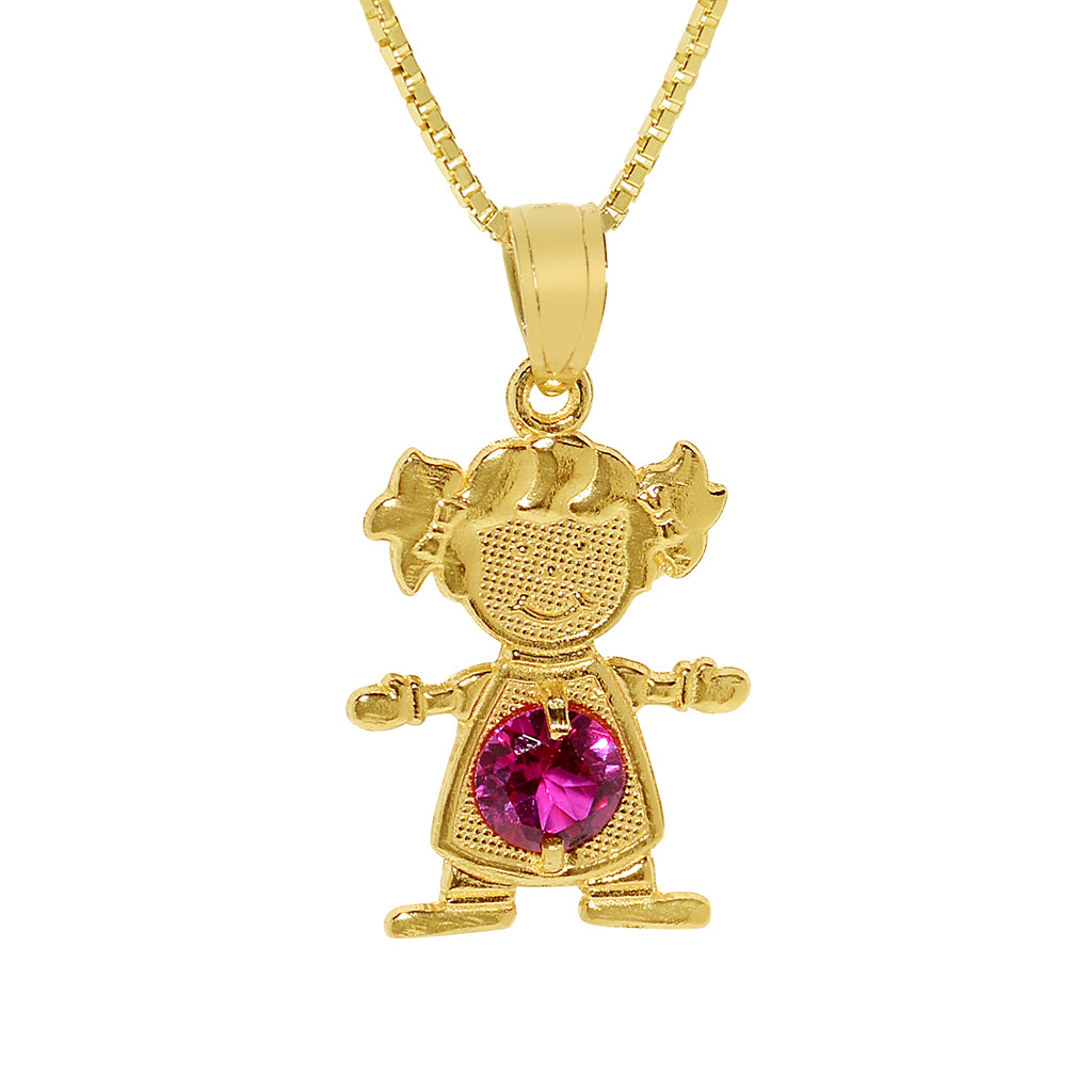 14k Yellow Gold Round-cut Cubic Zirconia July Birthstone Girl/Daughter Pendant with Square Wheat Chain