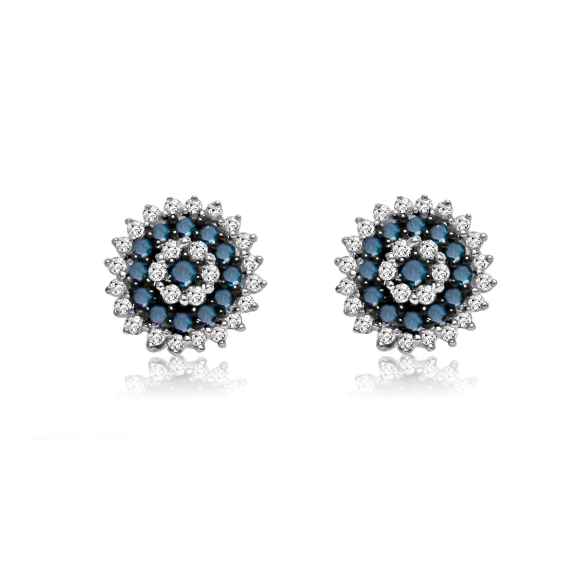 Sterling Silver 1ct TDW Blue and White Diamond Cluster Stud Earrings