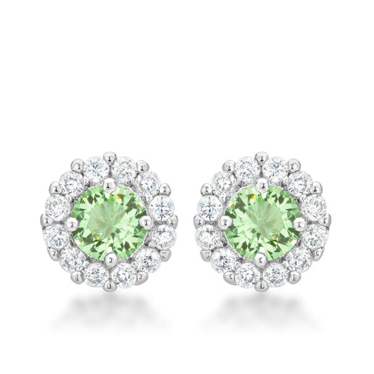 Precious Stars Silvertone Light Green Cubic Zirconia Halo Stud Earrings