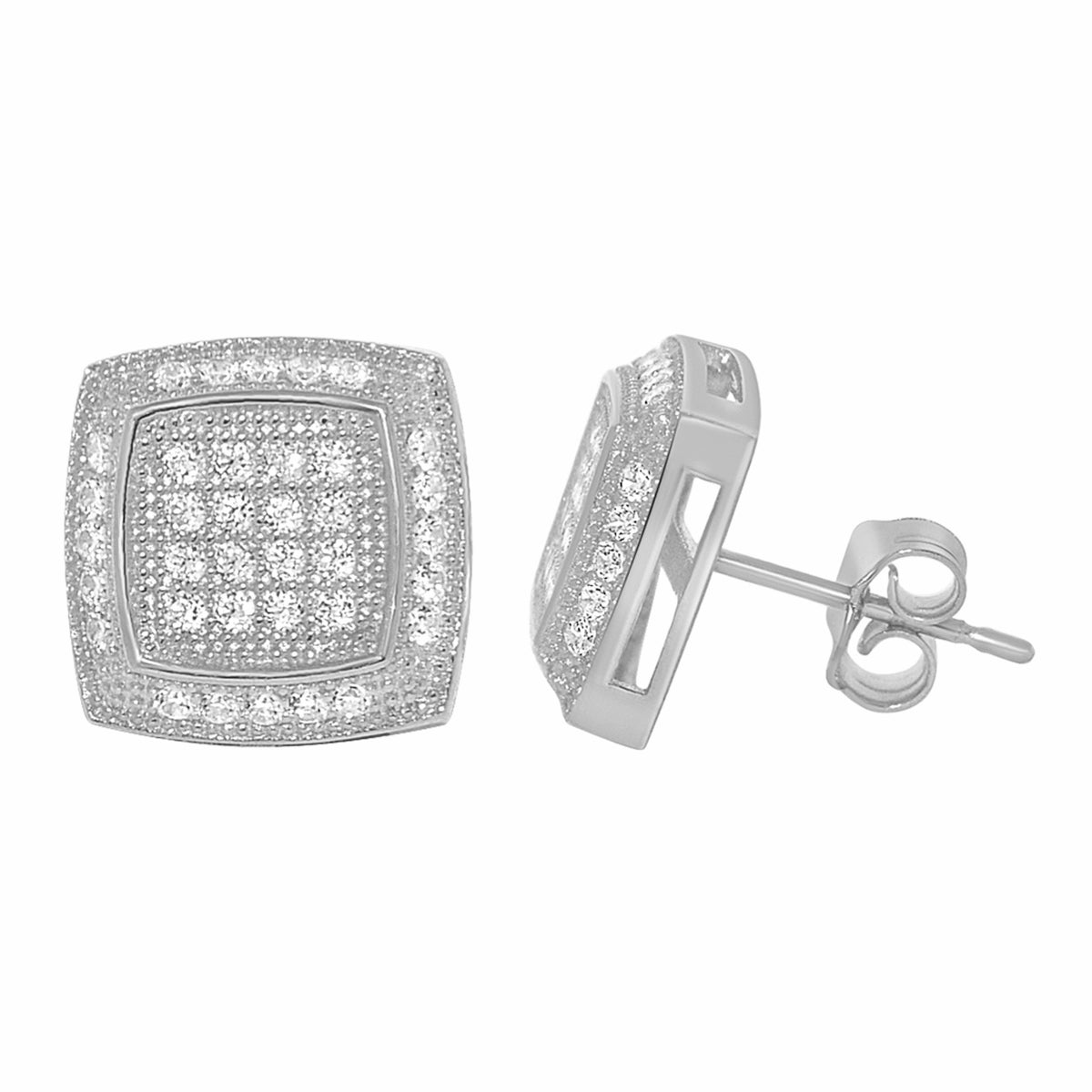 14k White Gold 10mm Pave'-set Cubic Zirconia Square Stud Earrings
