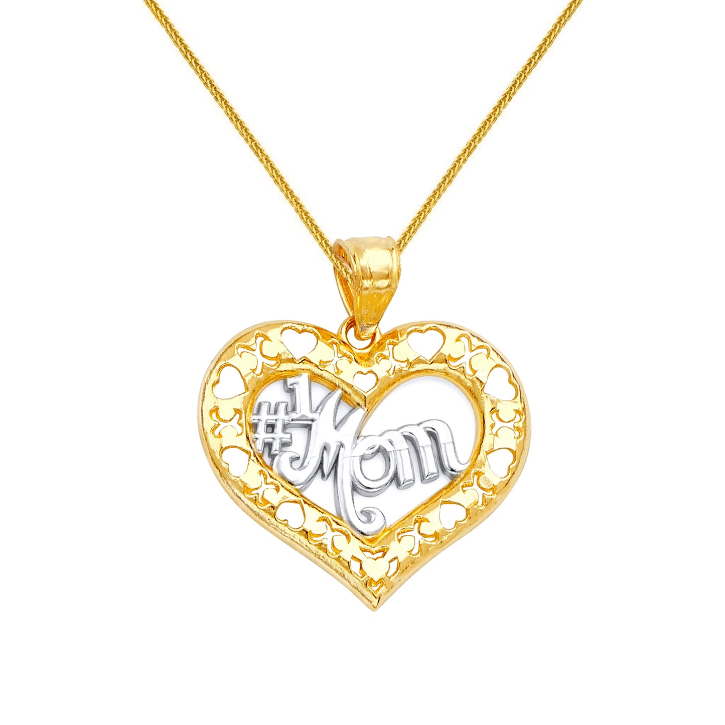 14k Two-tone Gold Open Heart '#1 Mom' Mother's Day Pendant with Square Wheat Chain