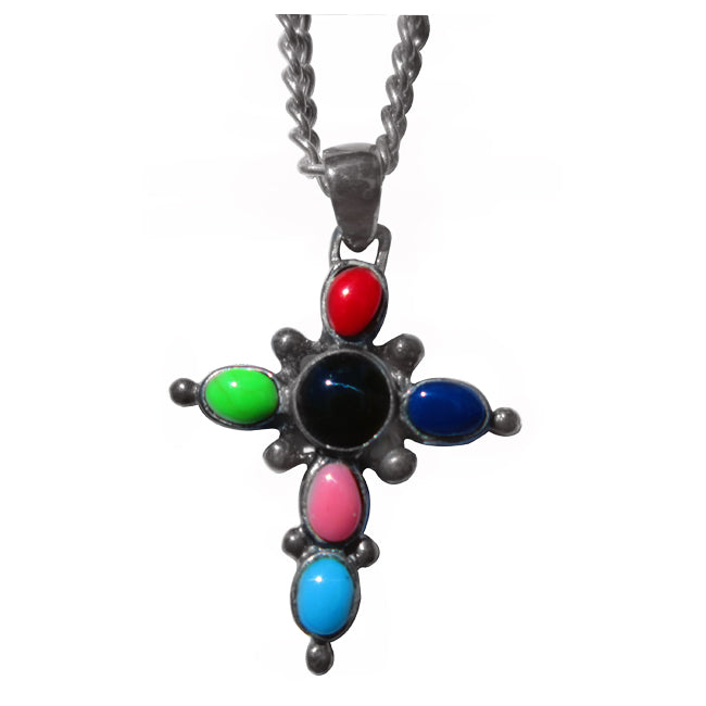 Sterling Silver Colorful Cabochen Enamel Cross Charm Pendant with Chain
