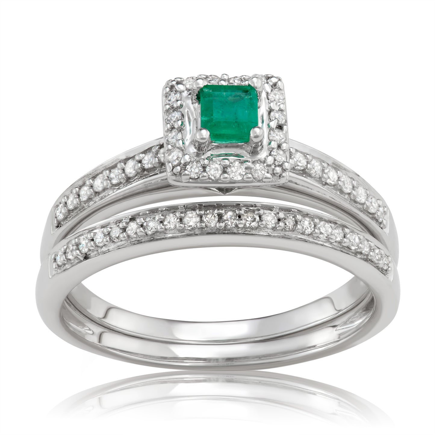 10K White Gold 0.50ct TW Emerald and White Diamond Bridal Set