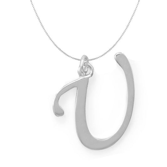 Sterling Silver Initial Letter U Pendant and Thin Box Chain