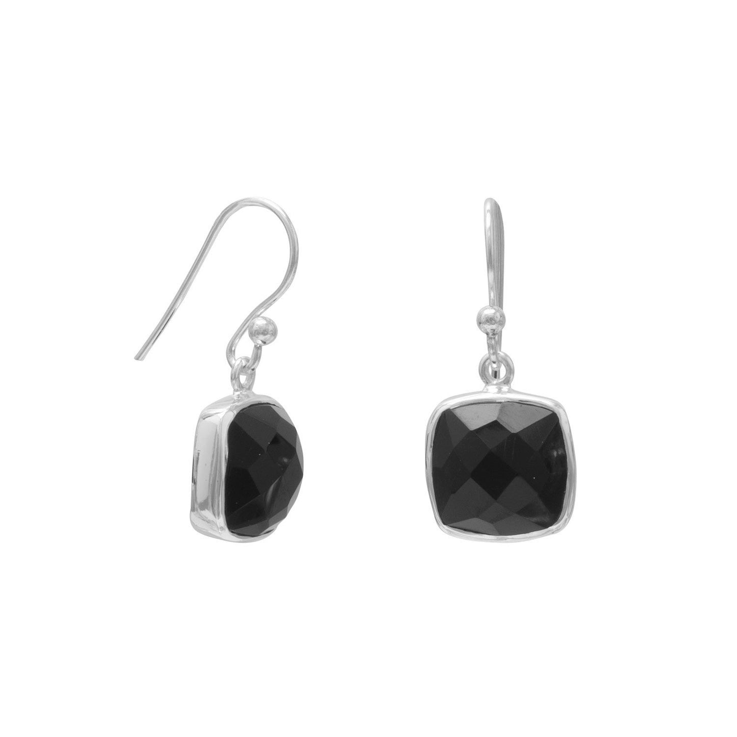Sterling Silver Square Black Onyx Drop French Wire Earrings