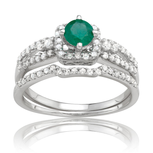 10K White Gold 1.00ct TW Emerald and White Diamond Bridal Set