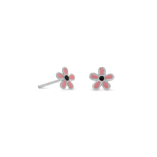 Sterling Silver Pink and Black Enamel Flower Earrings