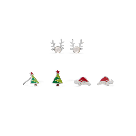 Sterling Silver Reindeer, Santa Hat and Tree Earring Set