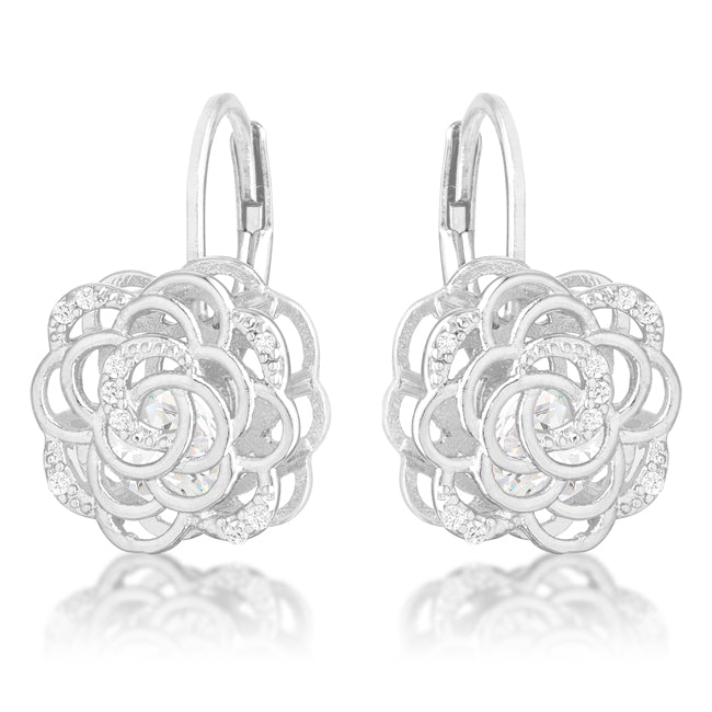 Precious Stars Silvertone Cubic Zirconia 3D Rose-Shape Drop Earrings