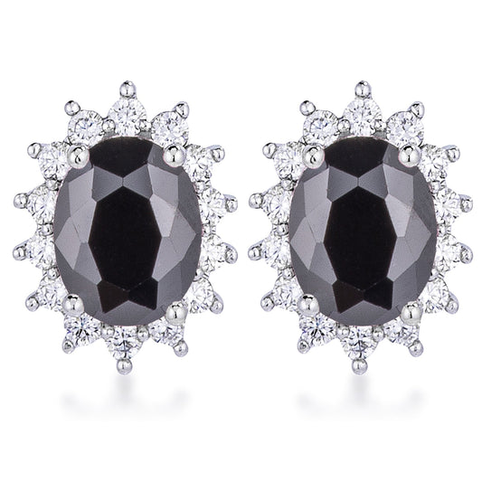 Precious Stars Silvertone Black Cubic Zirconia Oval Royal Earring Studs