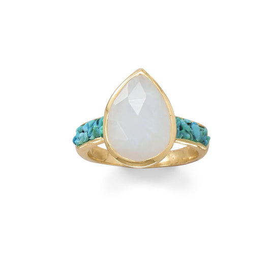 14k Yellow Goldplated Silver Rainbow Moonstone and Crushed Turquoise Ring