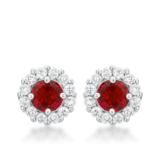 Precious Stars Silvertone Red Cubic Zirconia Halo Stud Earrings