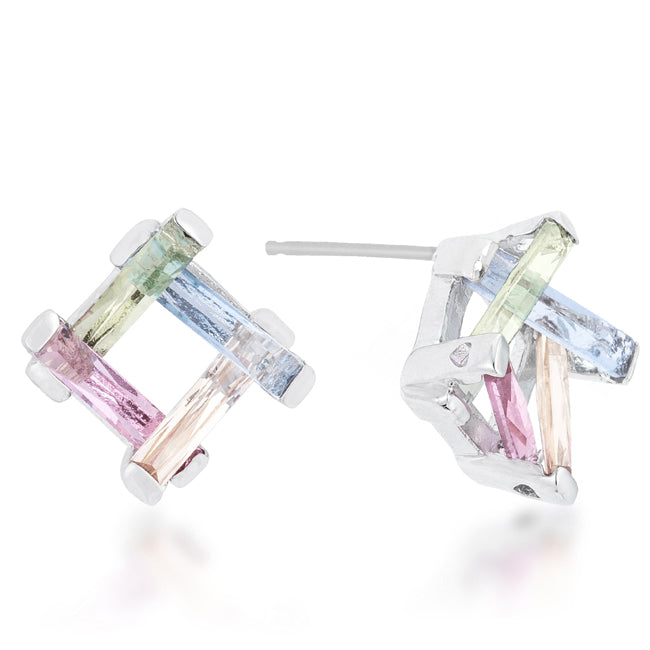 Precious Stars Silvertone Multicolor Cubic Zirconia Overlapping Square Earrings